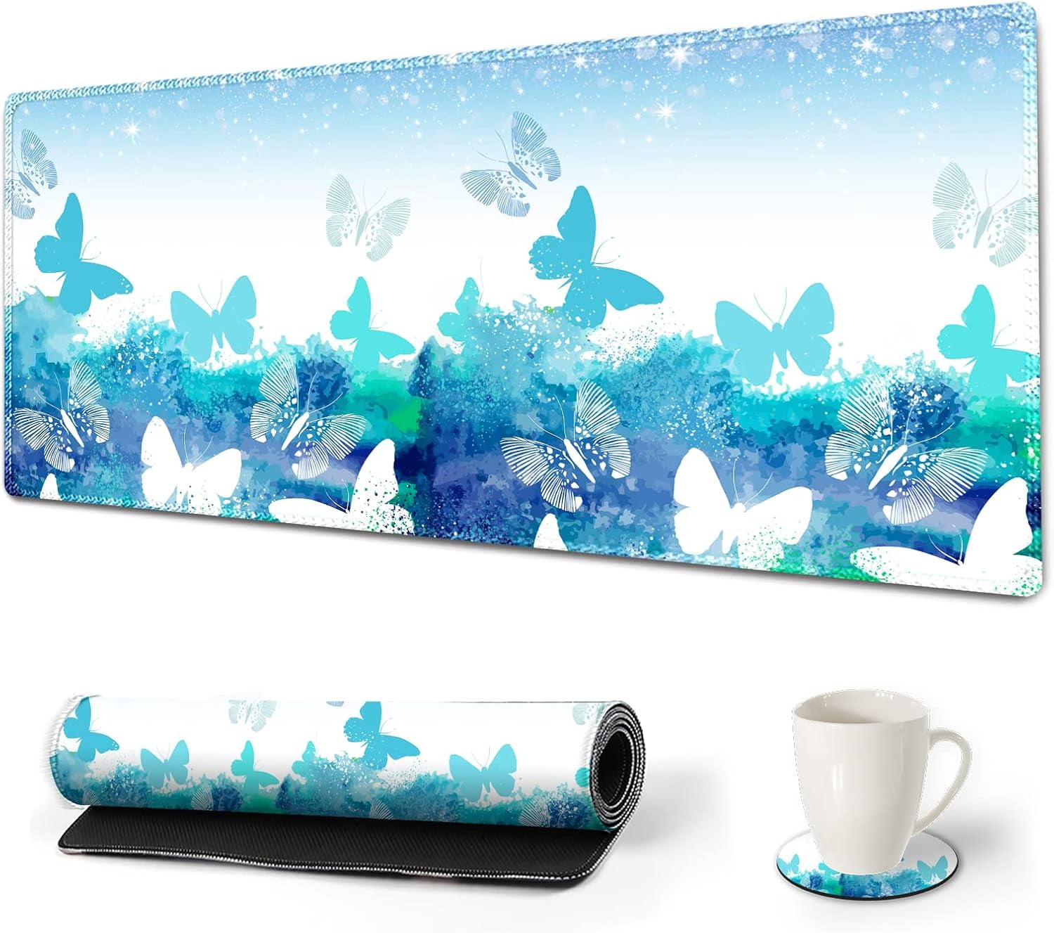 Large Gaming Mouse Pad with Stitched Edges, XXL Extended Keyboard Mat Long Mousepad Desk Decor Writing Pad 35.1x15.7 in, Non-Slip Base for Work, Game, Office, Home, Blue Butterfly