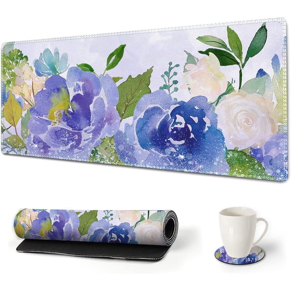 Large Gaming Mouse Pad with Stitched Edges, XXL Extended Keyboard Mat Long Mousepad Desk Decor Writing Pad 35.1x15.7 in, Non-Slip Base for Work, Game, Office, Home, Purple Rose Flower