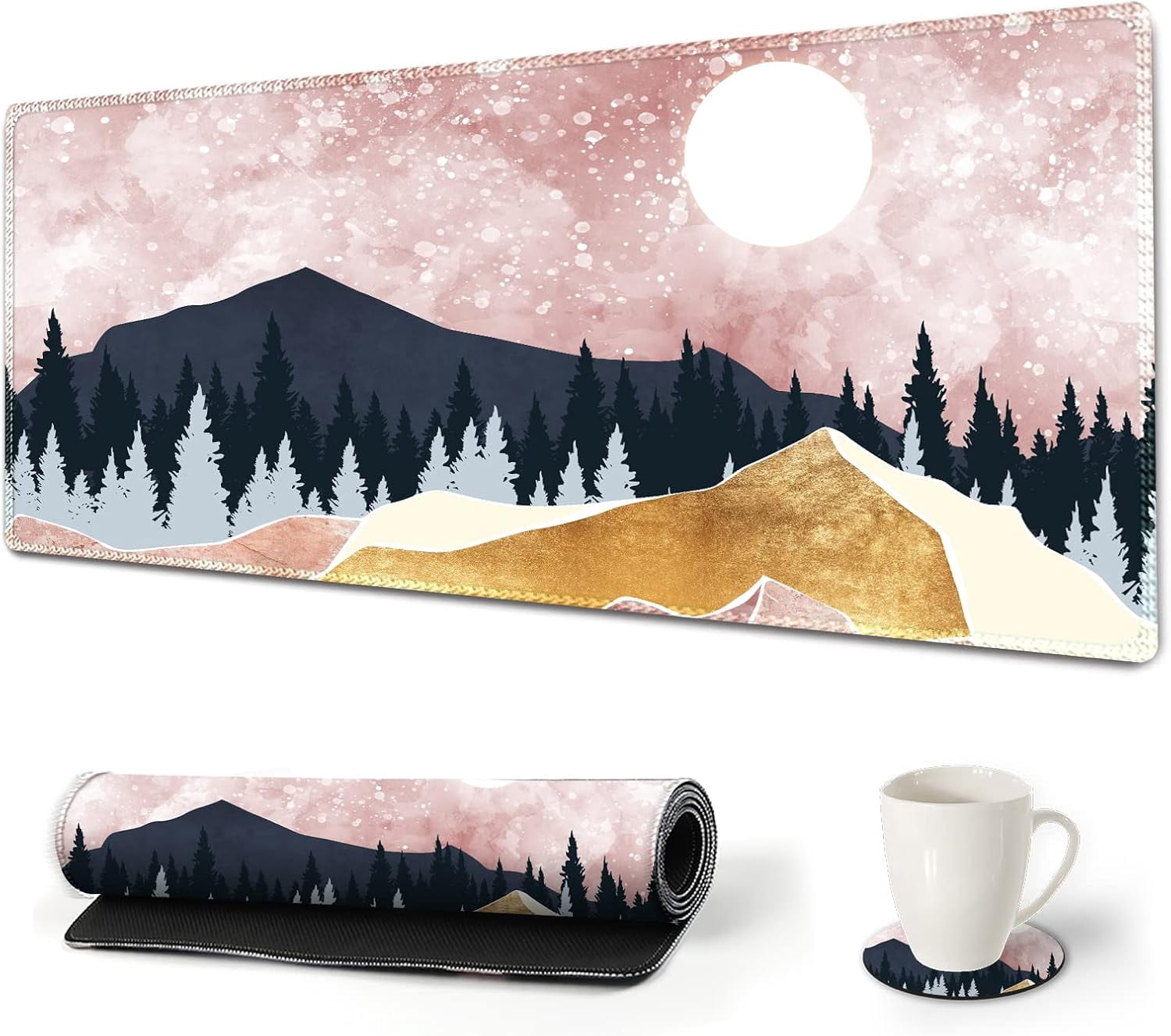 Large Gaming Mouse Pad with Stitched Edges, XXL Extended Keyboard Mat Long Mousepad Desk Decor Writing Pad 35.1x15.7 in, Non-Slip Base for Work, Game, Office, Home, Pink Abstract Mountain