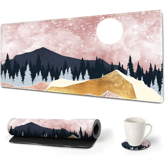 Large Gaming Mouse Pad with Stitched Edges, XXL Extended Keyboard Mat Long Mousepad Desk Decor Writing Pad 35.1x15.7 in, Non-Slip Base for Work, Game, Office, Home, Pink Abstract Mountain