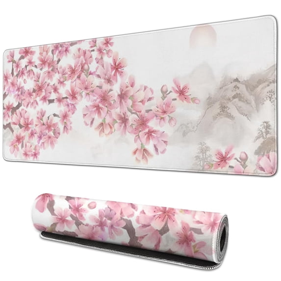 Large Gaming Mouse Pad with Watercolor Cherry Blossom Art - Extended 31.5x11.8in Desk Mat for Mouse and Keyboard, Stitched Edge for Durability, Non-Slip Base for Control.