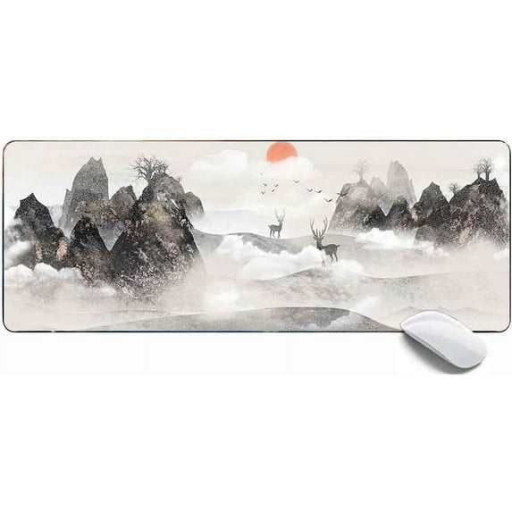 Large Gaming Mouse Pad for Women Ink Painting Deer Sunrise Landscape,Extended XL Mouse Mat Desk Pad 31.5x11.8x0.12IN,Stitched Edges Non Slip Mousepad for Computer,Office,Keyboard and Laptop