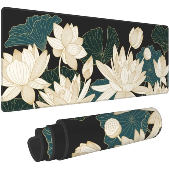 Large Gaming Mouse Pad XL, Golden Lotus and Leaves Full Desk Mousepad with Stitched, Long Floral Keyboard Pad, Flower PC Laptop Computer Mat Gifts for Women Girl Office, (Green Gold, 31.5 * 11.8 in)