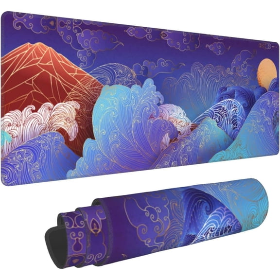 Large Gaming Mouse Pad XL, Japanese Waves and Mountain Full Desk Mousepad with Stitched, Non-Slip Base Keyboard Pad, PC Laptop Computer Mat Gifts for Women Office, (Purple, 31.5 * 11.8 in)