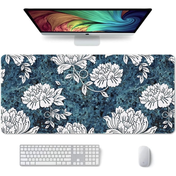 Large Gaming Mouse Pad, XXL Desk Pad, 35.4 x 15.7 Inch, Non-Slip Rubber Base, Stitched Edges, Superior Surface, Waterproof Keyboard Mat, Large Mousepad for Gamer, Office & Home, White Peony
