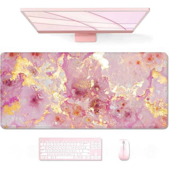 Large Gaming Mouse Pad, XXL Desk Pad, 35.4 x 15.7 Inch, Non-slip Rubber Base, Stitched Edges, Superior Surface, Waterproof Keyboard Mat, Large Mousepad for Gamer, Office & Home, Pink Gold Marble