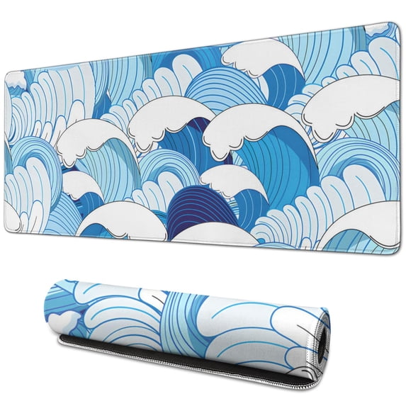 "Large Gaming Mouse Pad with Japanese Wave Design, Non-Slip Rubber Base, Stitched Edges - Size XL 31.5 x 11.8 inches"