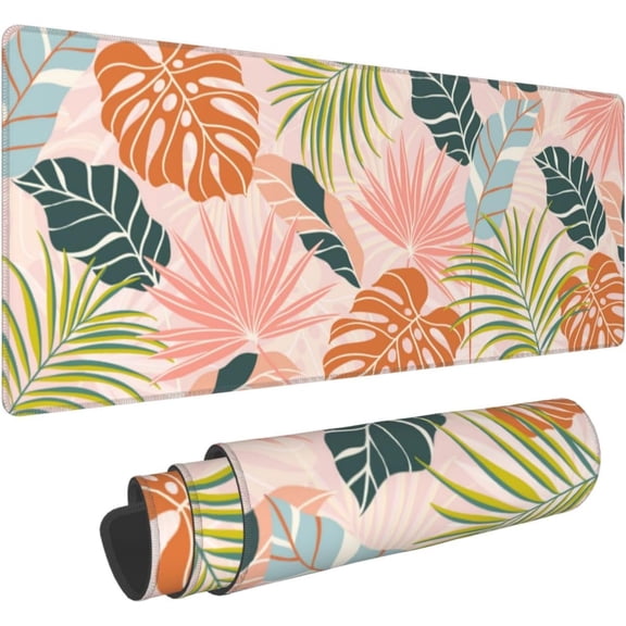 Large Gaming Mousepad, Cute Tropical Leaves with Boho Style XL Mouse Pads for Desk, Big Long Non-Slip Base Floral Extended Desk Pad for Keyboard and Mouse Gifts for Women Office Decor, 31.5*11.8 Inch