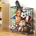 thumbnail image 1 of Large Garage Ball Storage Rolling Floor Sports Equipment Organizer: Freestanding Ball Rack with Elastic Rope Ball Holder for Basketball Soccer Football Volleyball Garage Gym Black, 1 of 8