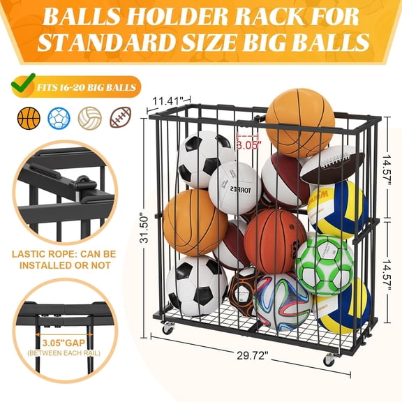 Large Garage Ball Storage, Rolling Floor Sports Equipment Organizer: Freestanding Ball Rack with Elastic Rope–, Ball Holder for Basketball, Soccer, Football, Volleyball, Garage, Gym, Black