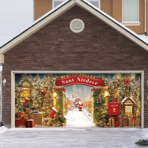 Large Garage Door Banner Outdoor Holiday Season Festive Welcome Sign Featuring Santa Sleigh Reindeer Snowman Design for Christmas Celebration
