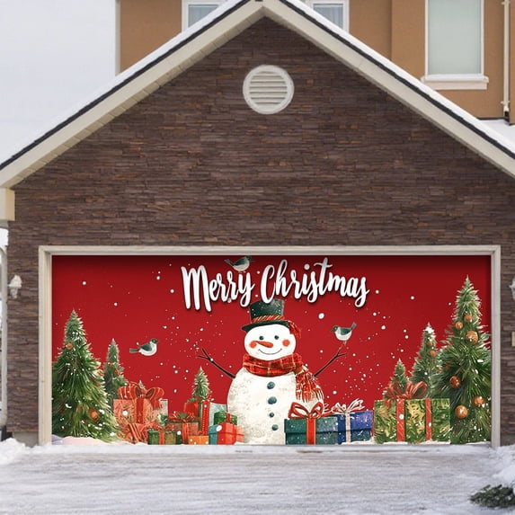 Large Garage Door Banner Outdoor for Holiday Season Festive Xmas Front Porch Welcome Sign Featuring Santa Sleigh Reindeer Snowman Durable Design