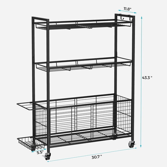 Large Garage Sports Equipment Organizer with Wheels, 3-Tier Ball Storage Rack for Basketballs, Soccer Balls & Sports Gear, Outdoor Sports Organizer with Bat Holder & Hooks