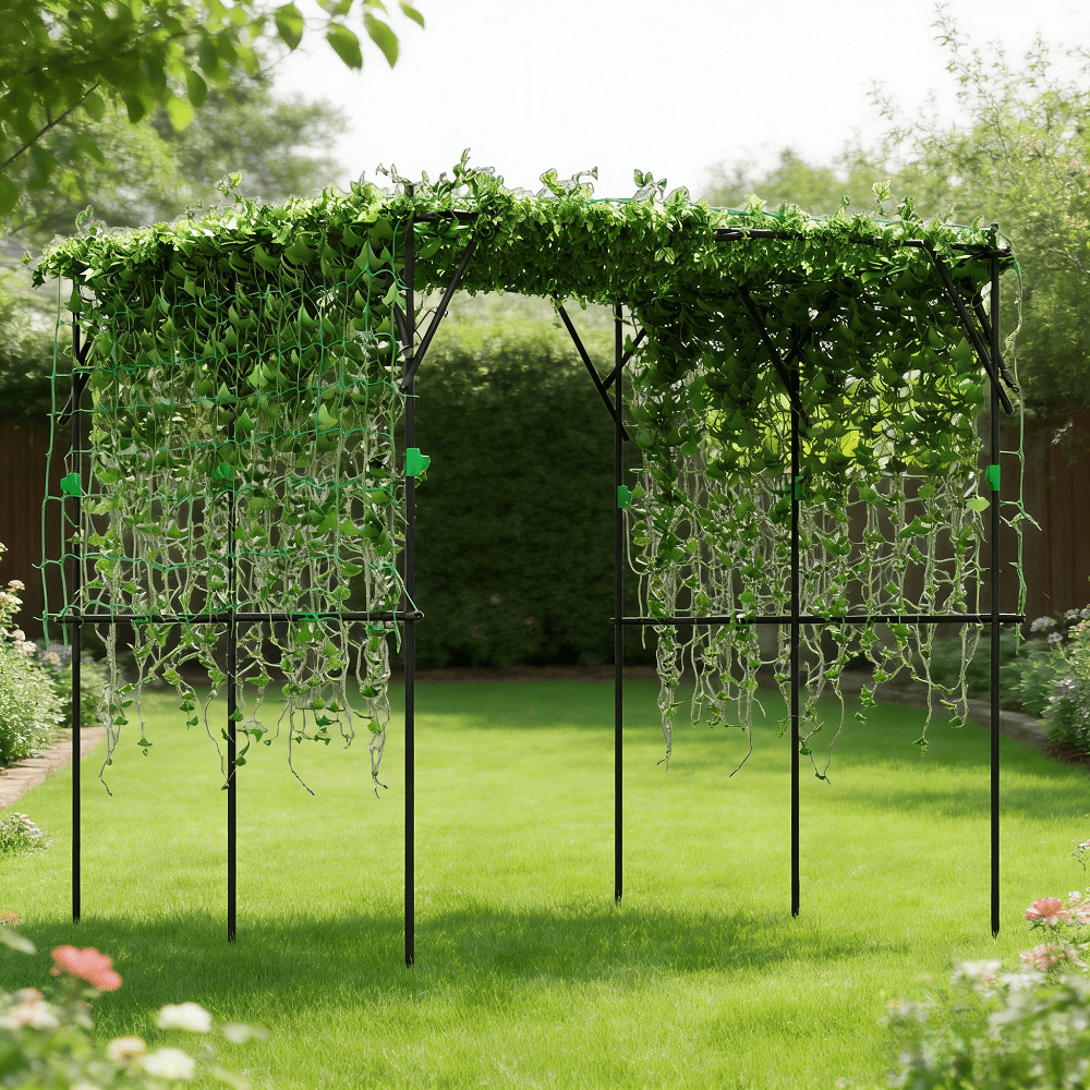 Large Garden Arched Trellis 88 Inch Wide Outdoor Walk Through Plant Support for Climbing Roses Cucumbers Tomatoes Vertical Gardening with Adjustable Net Steel Frame Metal Clips