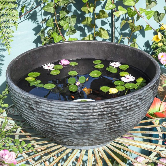 Large Garden Bowl Planter Water Plant Pot, Miniature Landscaping Succulent Planter, 15.6 Inch Marble Texture Water Lily Pots, Small Fountain Base Mini Fish Pond Bird Bath