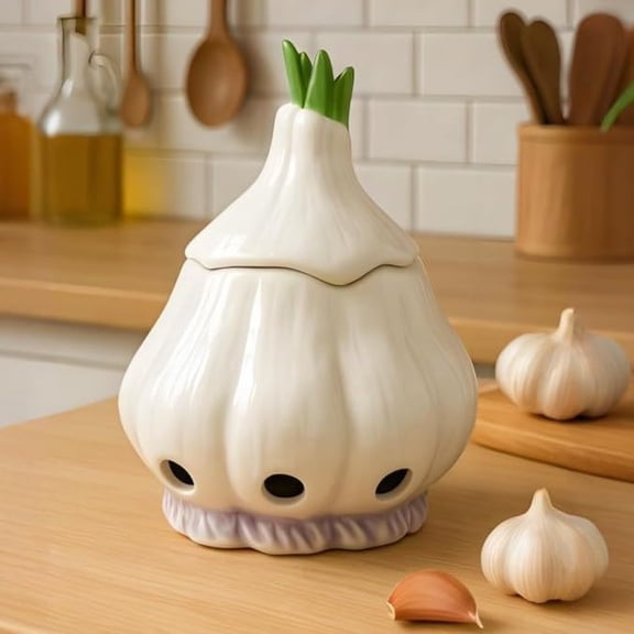 Large Garlic Storage with Lid | 6.7x5.3Inch Modern Ceramic Garlic Keeper Container | Stylish and Breathable Design for Freshness Preservation | Perfect for Kitchen Countertop and Refrigerator