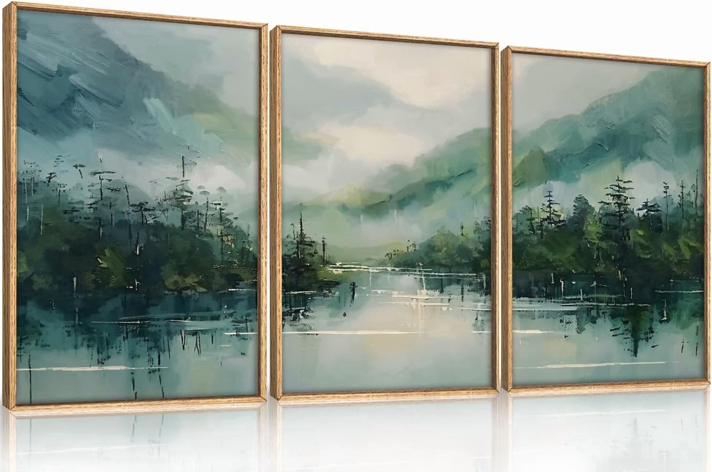 Large Geen Forest Mountain Framed Canves Wall Art Set,Misty Watercolor Artwork,Abstract Modern Nature Pine Tree Landscape Painting for Living Room,Bedroom,Office-16''x24''x3