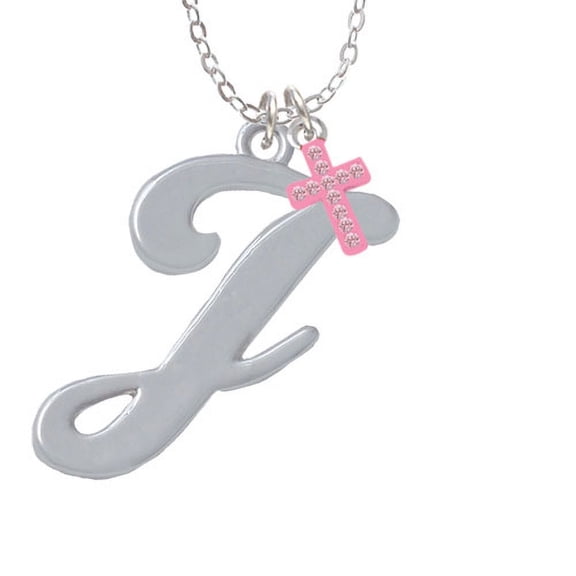Large Gelato Script Initial - J - - Light Pink Crystal Cross Sophia Necklace, 18"+1"