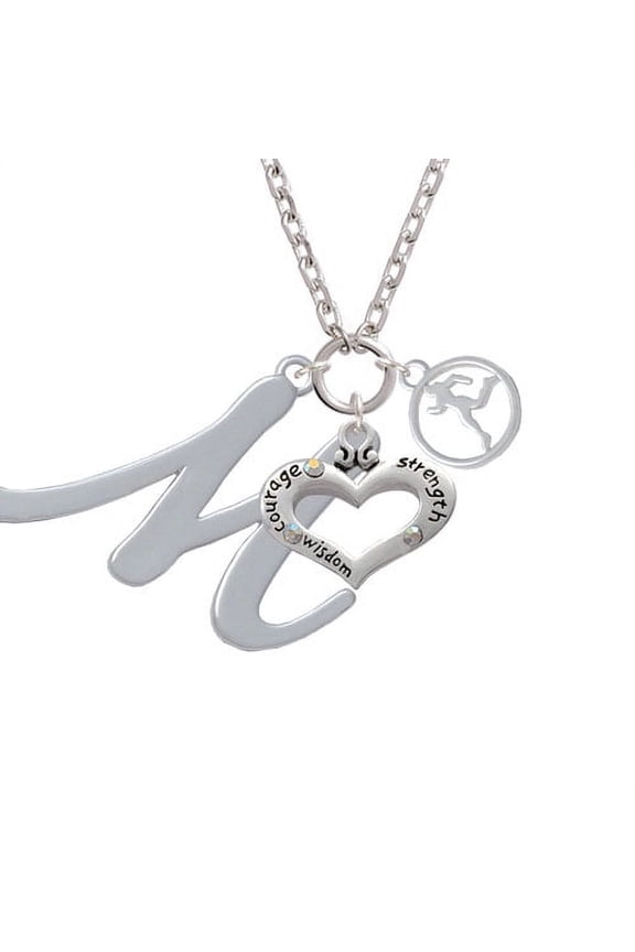 Large Gelato Script Initial - M - Courage Strength Wisdom Heart & Runner Zoe Necklace