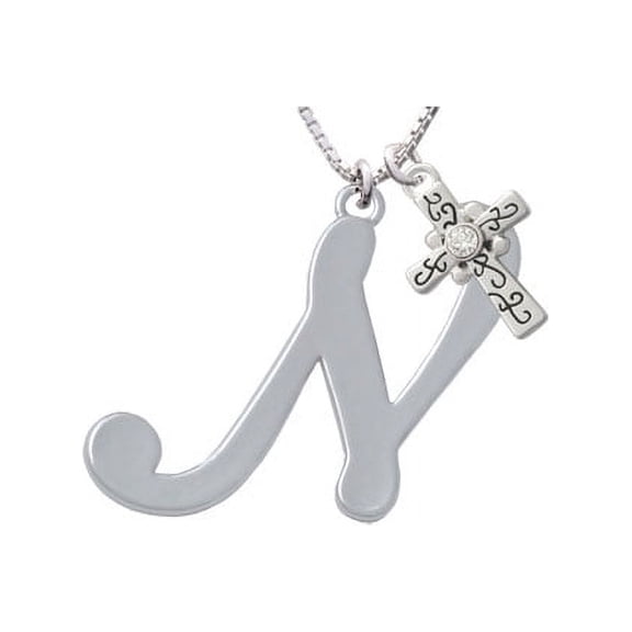 Large Gelato Script Initial - N - Scroll Cross Necklace, 18"+2"