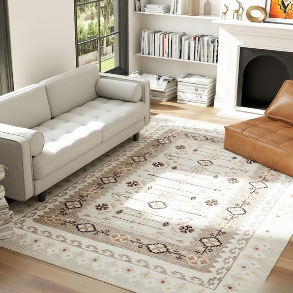 Large Geometric Floral Area Rug 10x8Ft Boho Rug Non Slip Oversized Living Room Rug Modern Traditional Bedroom Dining Room Rug Flannel Texture Soft Machine Washable Easy Clean TPR Backing Floor Mat