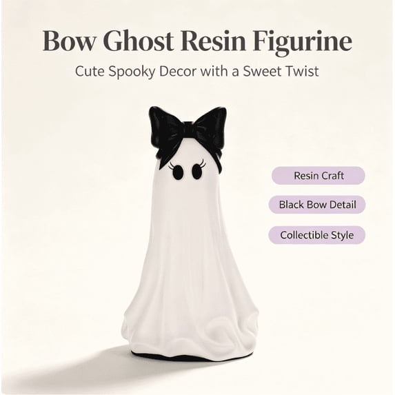 Large Ghost with Bow Tabletop Decoration, Black and White, Matte White Resin Standing Ghost Tabletop Figurine, Gentle Whimsical Autumn Halloween Indoor Shelf & Mantel Decoration