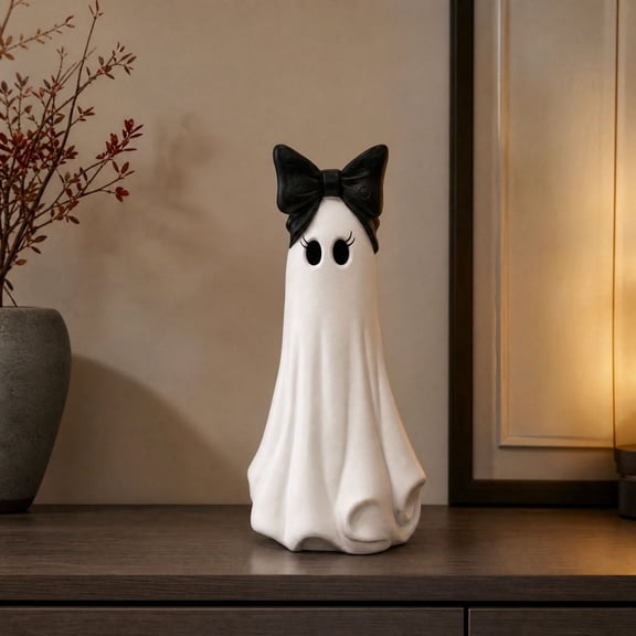Large Ghost with Bow Tabletop Decoration, Black and White, 20"