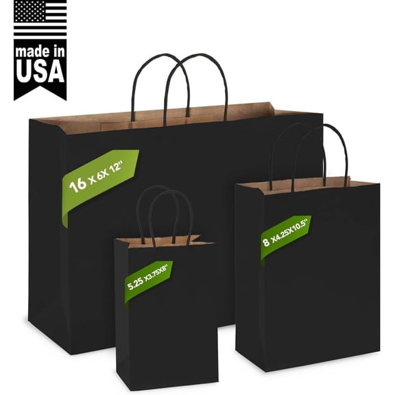 Large Gift Bags,16x6x12 Inch 100pcs Black Paper Bags With Handles Bulk,Kraft Shopping Bags Reusable for Business Merchandise Retail Grocery Birthday Kids Party Favors(Made in USA)