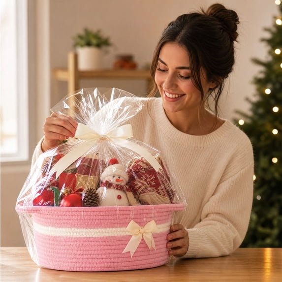 Large Gift Baskets Empty with Handles 13.8"x 8.7"x 5.5" Cotton Rope Storage Basket Storage for Gifts Clothes Baby Diaper Pet Toys Pink