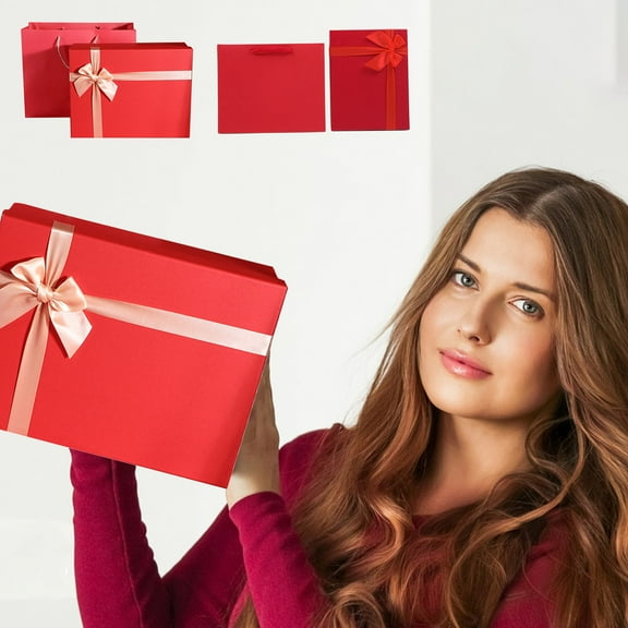 Large Gift Box with Lid | Sturdy Cardboard Keepsake Storage Box | Textured Paper Finish | Ribbon Closure Bow | 19x13x8cm | Reusable Decorative Present Packaging | Gold Red | 1 Pack