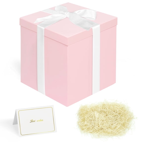 Large Gift Box with Lids 10x10x10 Inches, Ribbon& Cut Paper Shred with Card, for Birthdays, Graduations, Anniversaries, Christmas, Halloween, Valentine's Day