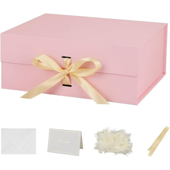 Large Gift Boxes with Lids 5 Pack 13X11X5.3 Inch Large Pink Gift Box with Ribbon Foldable Gift Boxes for Presents、Graduation、Birthdays、Valentine's day、Shredded Paper for Gift Box with Cards