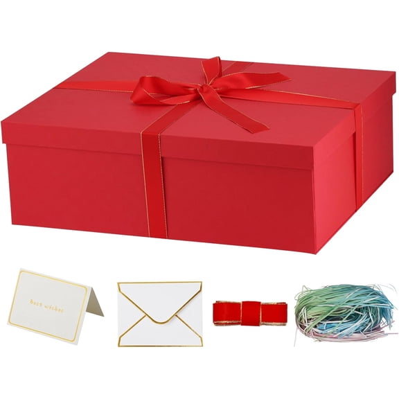 Large Gift Boxes with Lids 16.5x13x5.5 inches,Boxes for Presents,Contains Card,1 Roll Ribbons,Shredded Paper Filler.Red