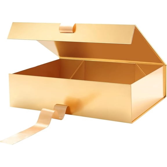 Large Gift Boxes with Lids for Presents 13x9.7x3.4 Inches, Gold Magnetic Luxury Gift Boxes with Ribbon, Bridesmaid Proposal Gifts Boxes (Glossy Gold)