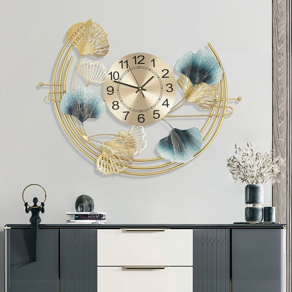 Large Ginkgo Biloba Wall Clock, Silent Modern Art Clock, 26" x 20" Metal Frame, Gold & Blue Leaves Decor, for Living Room Bedroom Office, Battery Operated
