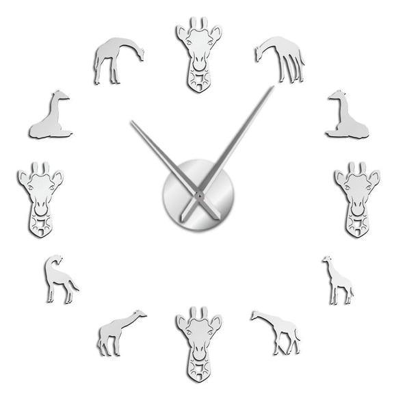 Large Giraffe Design 3D Acrylic DIY Wall Clock Tallest Living Terrestrial Animals Zoo Decor Mirror Effect Stickers Clock Watch(Silver,27inch)
