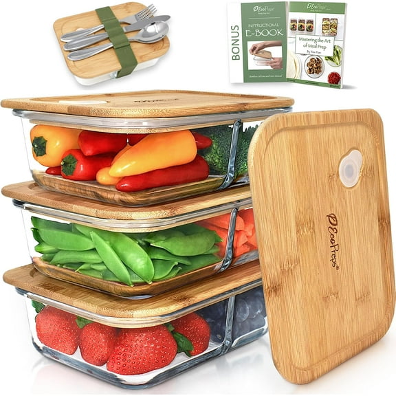 Large Glass Bento Box Containers with Bamboo Lids, 3 Compartment Glass Meal Prep Containers [2 Pack, XL] - 100% Plastic Free, Eco-Friendly Glass Lunch Containers, Glass Bento Boxes for Adults