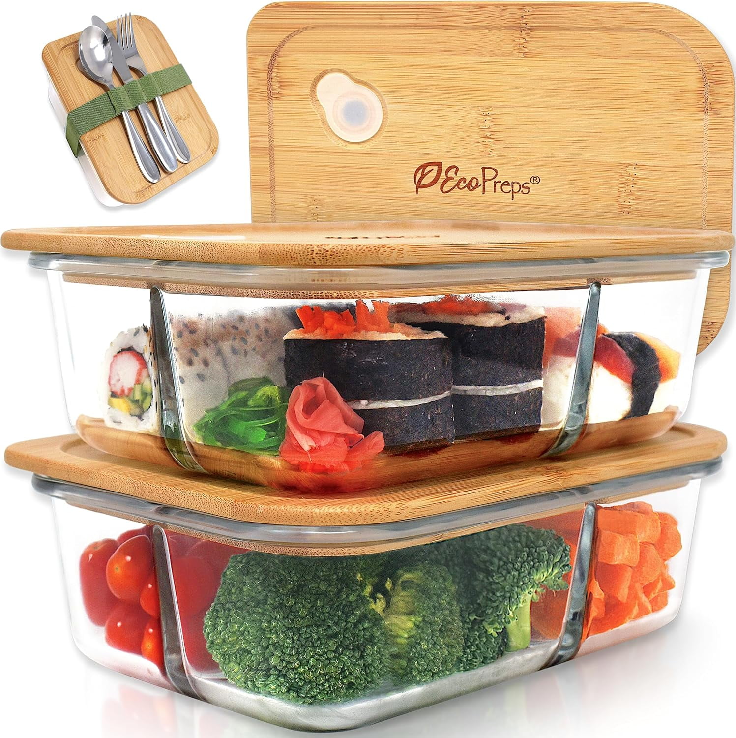 Large Glass Bento Box Containers with Bamboo Lids, 3 Compartment Glass ...