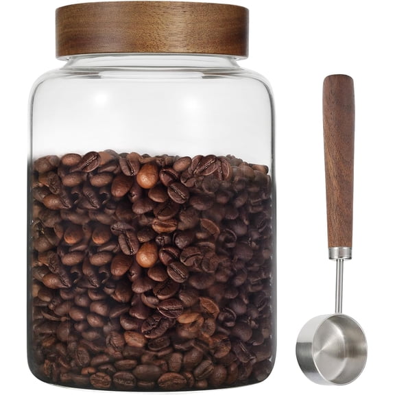 Large Glass Coffee Jars with Spoons 60 oz /1800ml, Round Storage Canister with Wooden Lid Clear Glass Food Jar for Pantry Sugar Tea Coffee Bean Spice Nuts Cookies Bath Salts (1800ml/60oz)