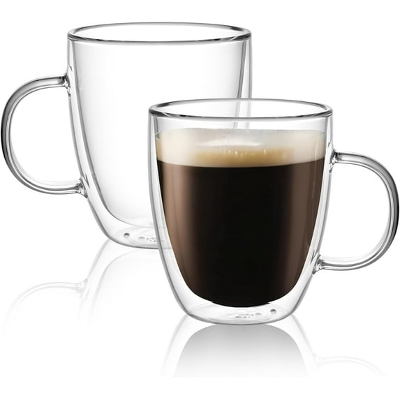 Large Glass Coffee Mugs 17oz,Double Walled Insulated Clear Coffee Cups with Handle,Clear Espresso Mugs for Cappuccino,Latte,Tea Bags,Hot and Cold Beverages,Set of 4