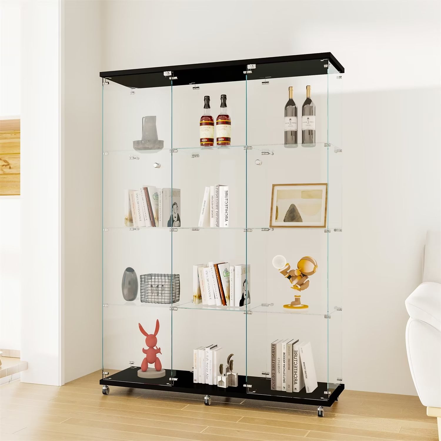 Large Glass Display with Doors and 4 Shelf, Modern Rolling Curio Display with 6
