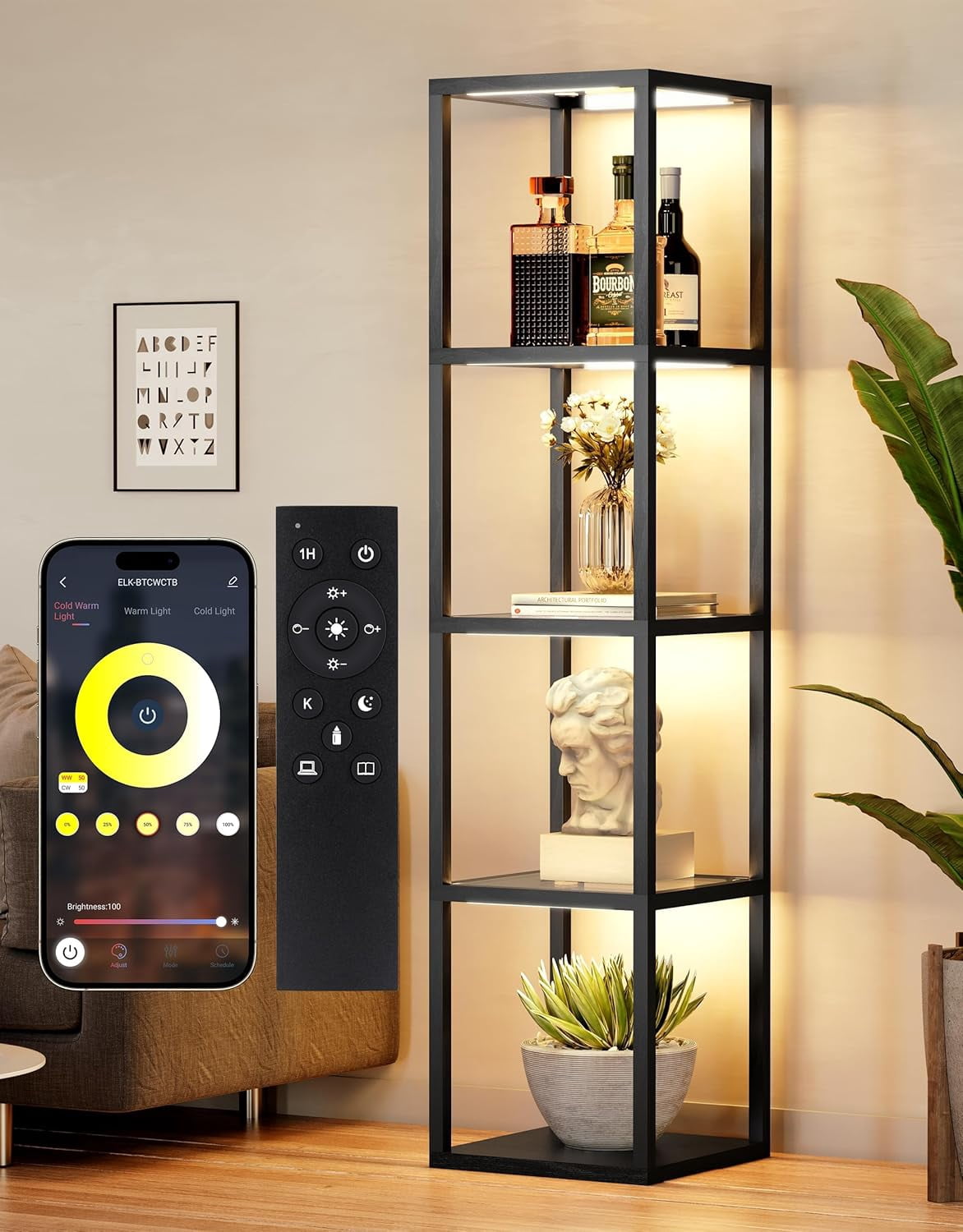 App Content Shelf Large Glass Display Shelf with Remote/APP Control, Dimmable LED Floor ...