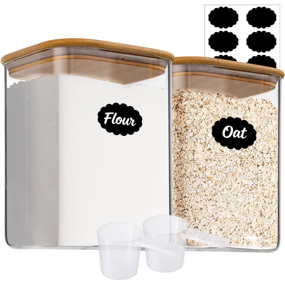 Large Glass Food Storage Containers with Tight Lids Square Glass Jars for Flour, Sugar, Cereal, Rice, Pasta, Oats, Wheatmeal, Coffee, Niblet