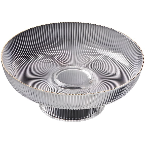 Large Glass Fruit Bowl with Gold Trim, Vertical Stripe Design, Elegant Decorative Glass Bowl for Kitchen Counter, 26cm Diameter, Quality Crystal Glass, Modern Design, Perfect for Fruits and Decor