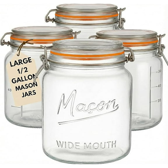 Large Glass Mason Jars with Airtight Lids - Half Gallon Food Storage & Canning Jars with Measurement Markings - Kitchen Pantry Containers for Flour, Sugar & Dry Goods - 64 oz (4pk)