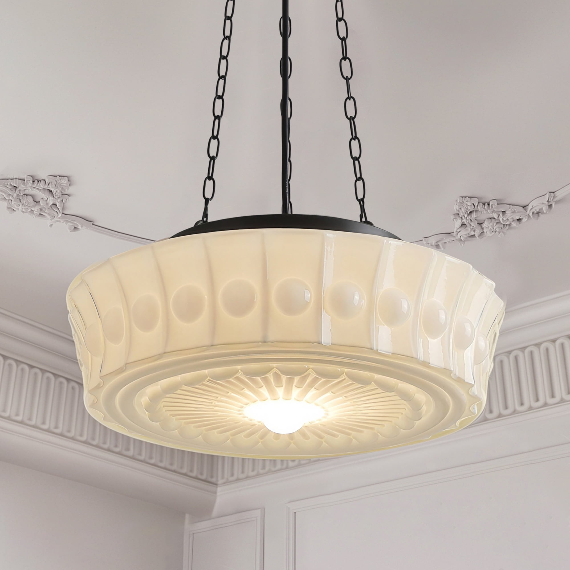 Large Glass Pendant Light, Vintage Flower Embossed Pattern Schoolhouse hanging Light Fixture