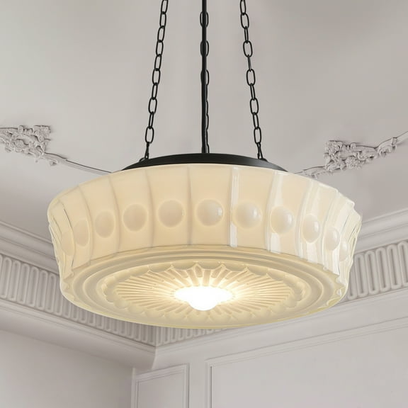 Large Glass Pendant Light, Vintage Flower Embossed Pattern Schoolhouse hanging Light Fixture