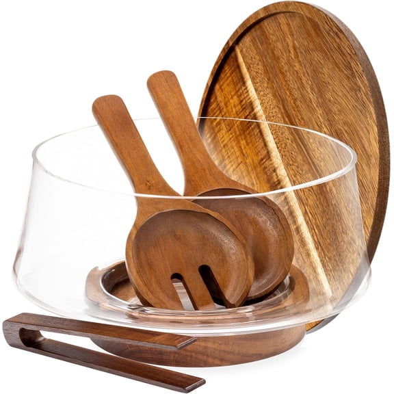 Large Glass Salad Bowl with Lid Set, 5.7 L Decorative Mixing Bowl, Trifle and Serving Bowls Lids as Cheese Charcuterie Board Plate, Comes Wood Utensils