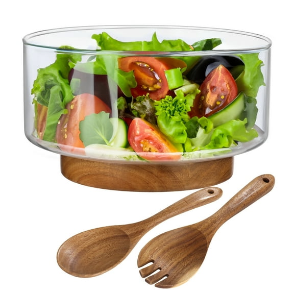 Large Glass Salad Bowl Set, 3.8 QT Glass Salad Bowl with Wood Base, Glass Salad Bowl with Serving Utensils, Salad Serving Bowl for Party Family Gathering, Serving Dish for Fruits Snacks Pasta