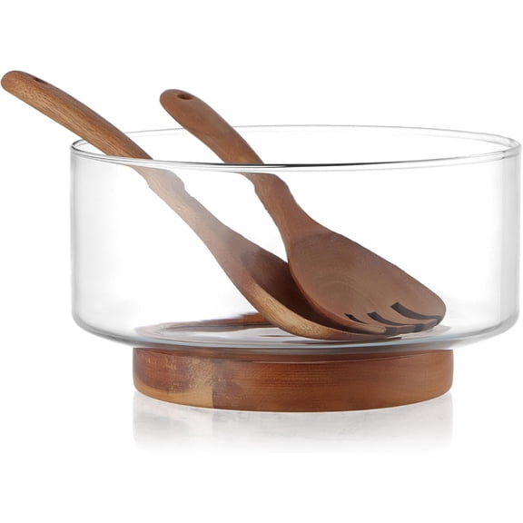 Large Glass Salad Bowl with Wood Utensils Set, Serving Bowls for Salad, Layered Fruit Trifle